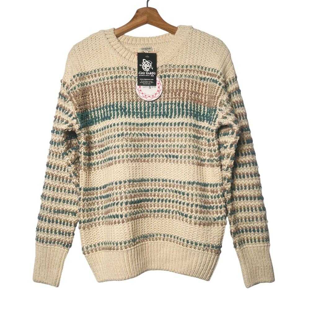 NEW Umgee Chunky Knit Pullover Sweater Sz S Cream/Green Western Boho